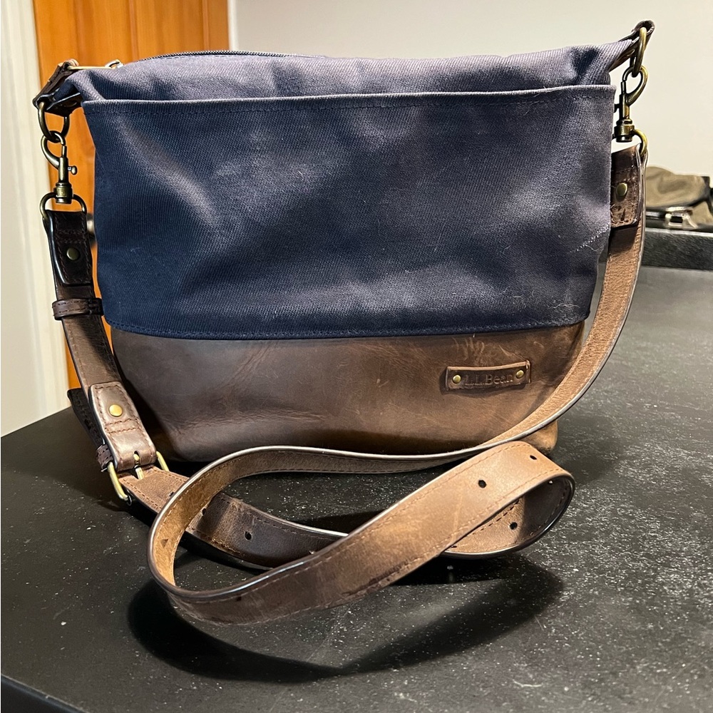 L.L. Bean Navy Waxed Canvas And Brown Leather Crossbody